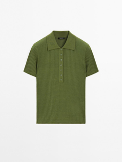 Massimo Dutti Трикотажный свитер-поло из смесового хлопка, оливковый