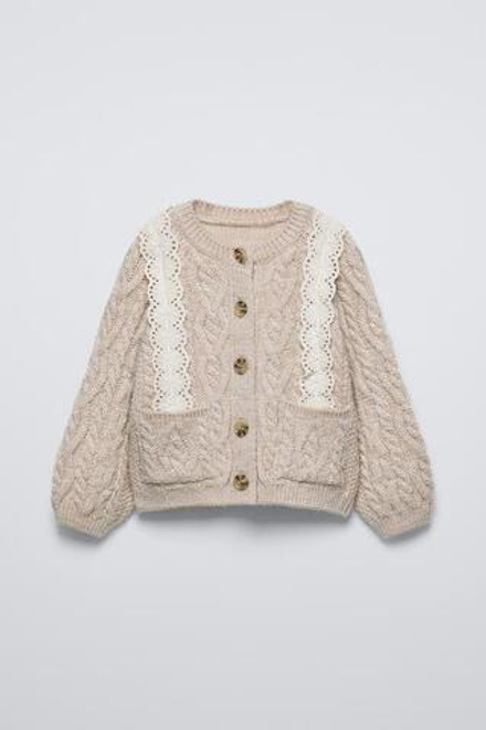 ZARA КАРДИГАН С КРУЖЕВОМ, СВЕТЛО-БЕЖЕВЫЙ