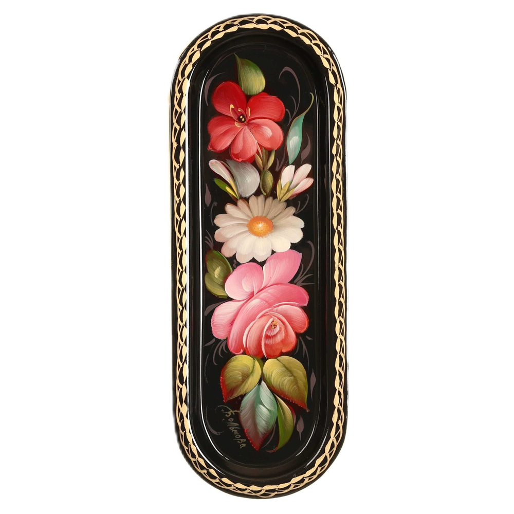 Жостовский поднос декоративный, размер 21х8 см (A4), металлический