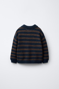 ZARA ВЯЗАНЫЙ ДЖЕМПЕР В ПОЛОСКУ С МЕДВЕДЕМ КРОШЕ, СИНИЙ