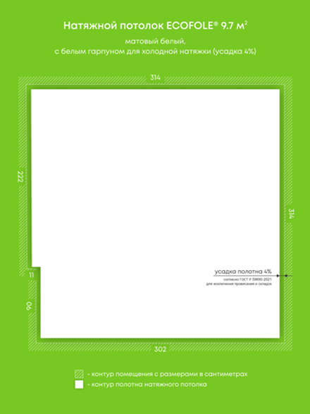 Матовый натяжной потолок 9.7 м2