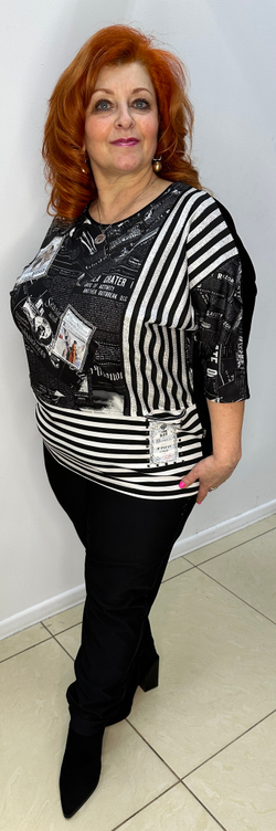 Нарядный блузон-туника с "газетным" принтом и полоской