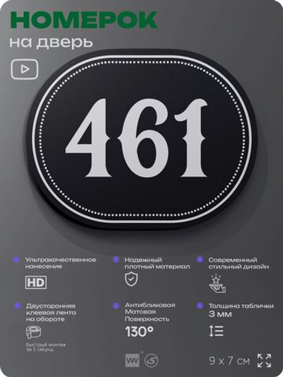 Номерок на дверь квартиры 461, для кабинета, офиса, шильдик 9 х 7 см, черный, Айдентика Технолоджи