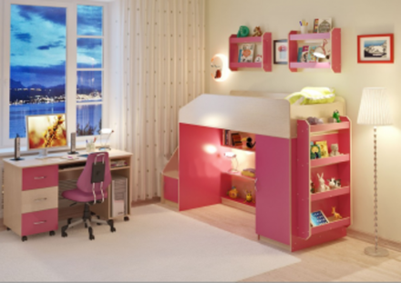 Кровать-чердак КарИВи Легенда 11.4 с полками  Дуб Молочный Розовый