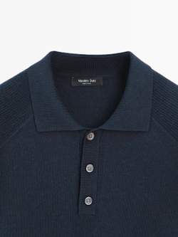 Massimo Dutti Трикотажный свитер-поло из смесового хлопка, темно-синий