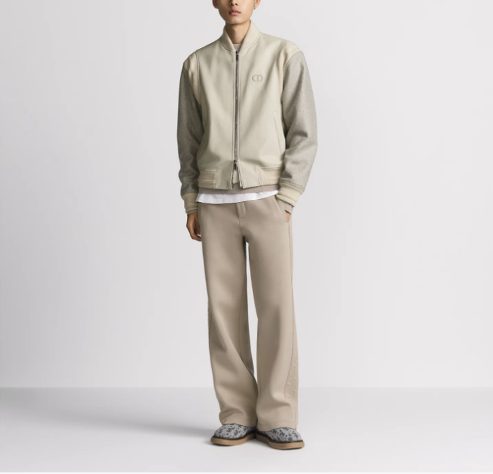 Мужской кожаный жакет Dior Varsity с вышивкой CD Icon, бежевый