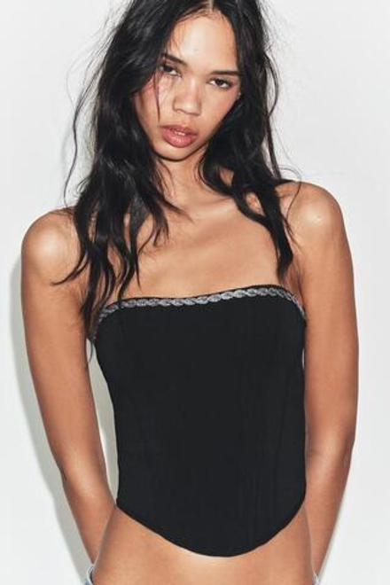 ZARA ЭЛАСТИЧНЫЙ ТОП-КОРСЕТ СО СТРАЗАМИ, ЧЕРНЫЙ