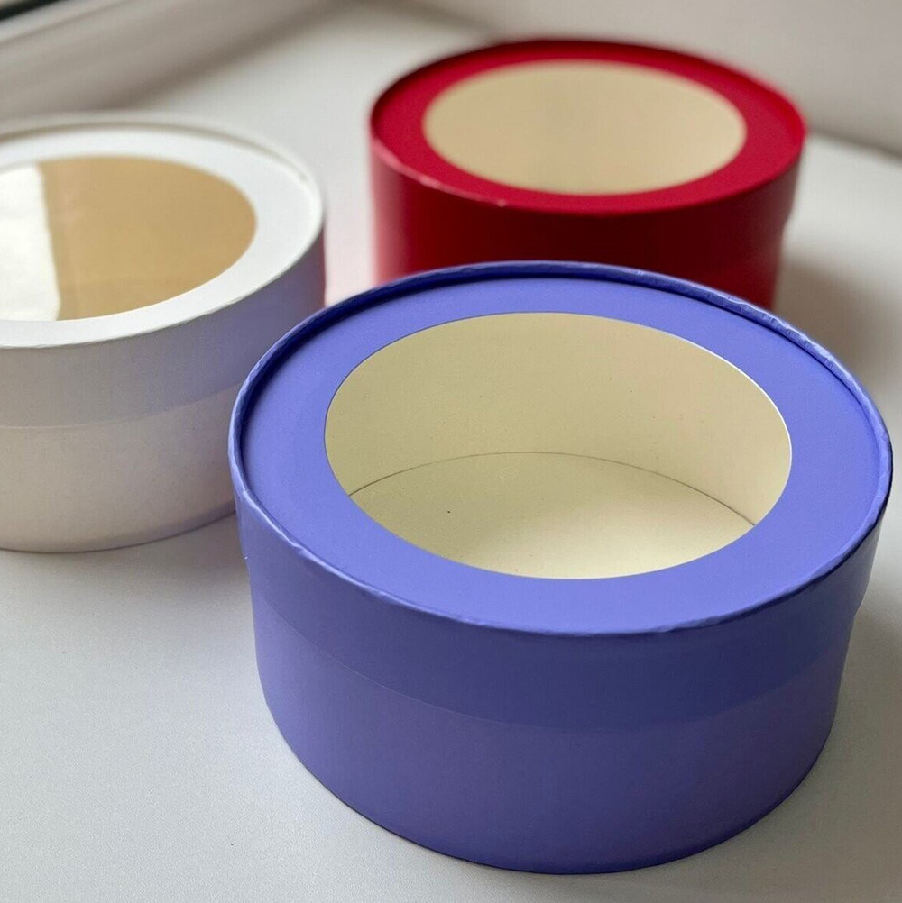 Коробка круглая с окном лавандовая, 16*7см