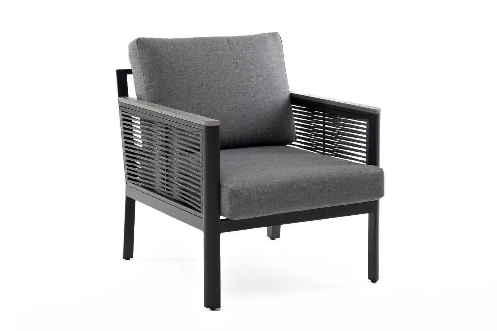 "Сан Ремо" кресло плетеное из роупа садовое, каркас алюминий темно-серый, роуп серый, ткань серая