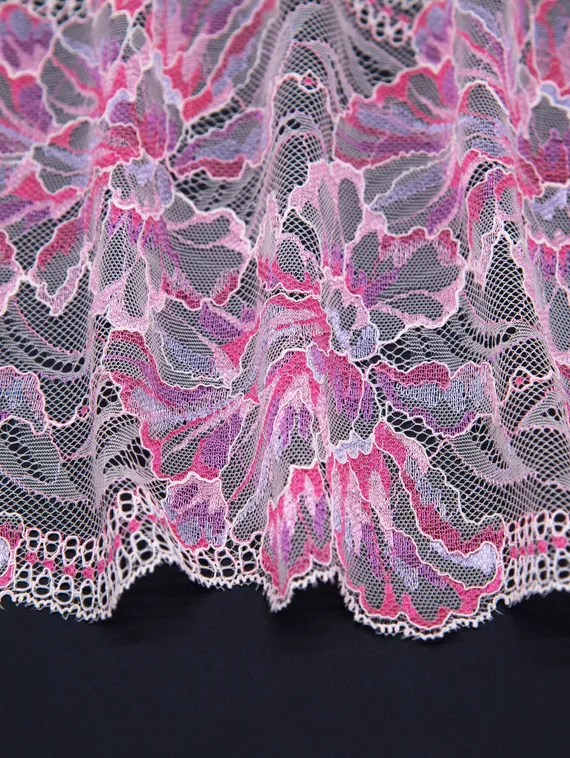 280 Кружево эластичное 19 см, Италия, цветы, нежно-розовый/малиновый