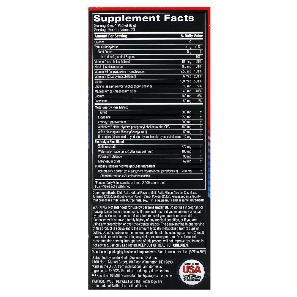 Hydroxycut, Hardcore Ultra Shed, напиток в стиках, мандарин и мимоза, 20 пакетиков по 6 г (0,2 унции)