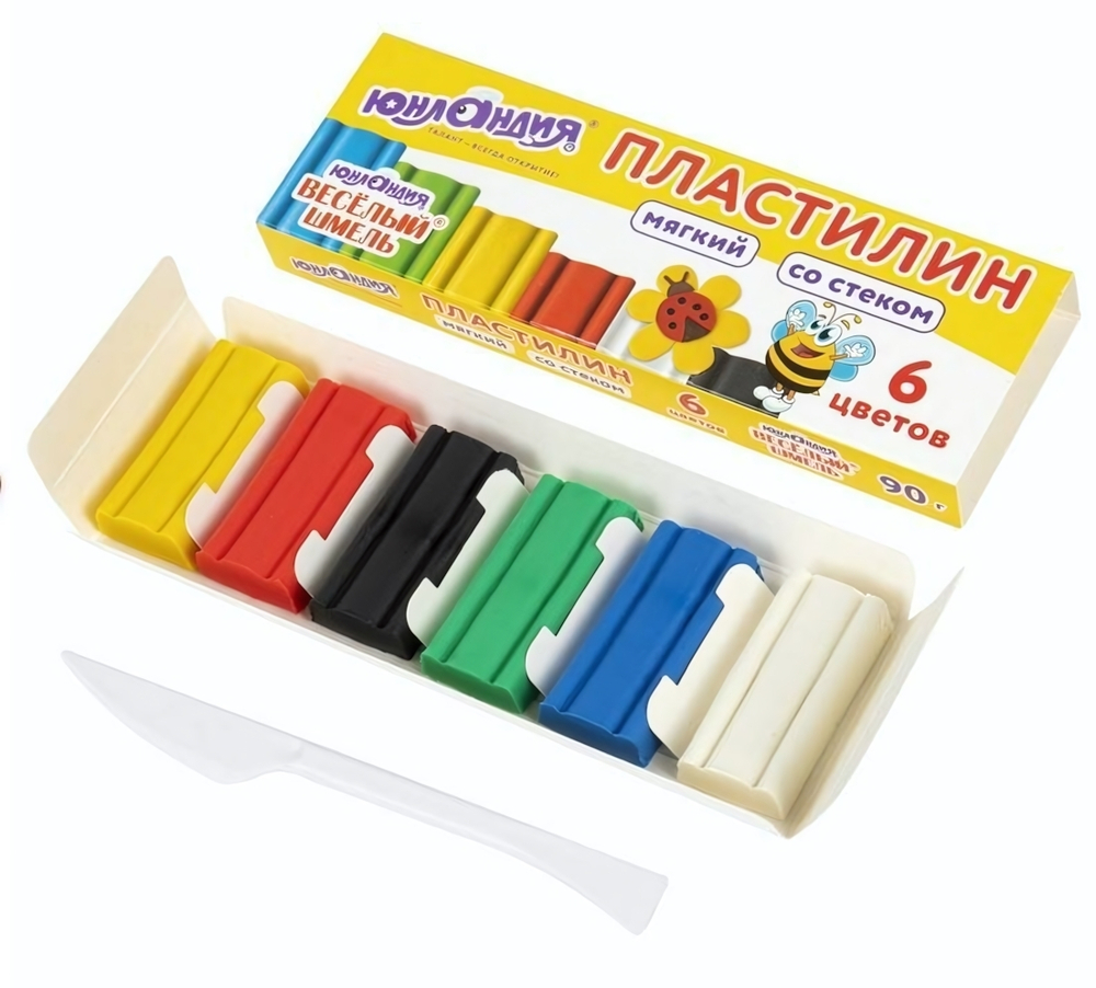Пластилин мягкий 6 цветов 90г,со стеком "Весёлый шмель" (ЮНЛАНДИЯ)