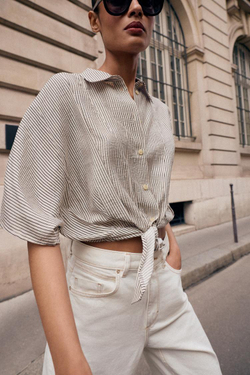 ZARA РУБАШКА С КОРОТКИМИ РУКАВАМИ И УЗЛОМ, ЭКРЮ/ЧЕРНЫЙ