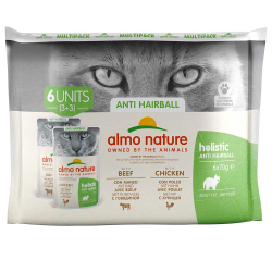 Almo Nature консервы для кошек "вывод комков шерсти" с говядиной и курицей 6 штук по 70 г набор пакетиков (Holistic Anti Hairball)