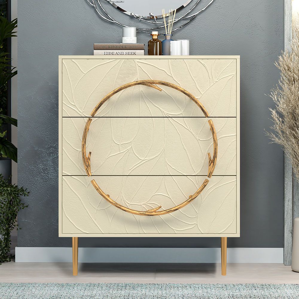 Комод Арт Колор leaves Стайл Голд с 3 ящиками Серый шелк