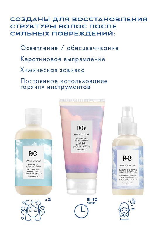 ON A CLOUD Baobab Oil Repair Splash On Styler / НА ОБЛАКЕ несмываемый уход для восстановления волос с маслом баобаба, 124 мл