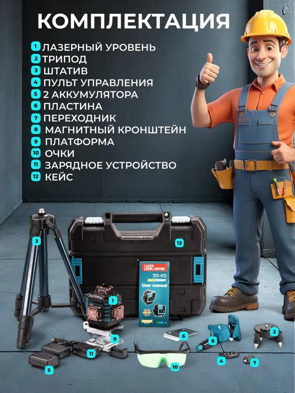 Профессиональный лазерный уровень самовыравнивающийся строительный 360 4D Нивелир Уровень лазерный, 16 лучей с пультом управления и штативом, Зеленый луч 360 градусов