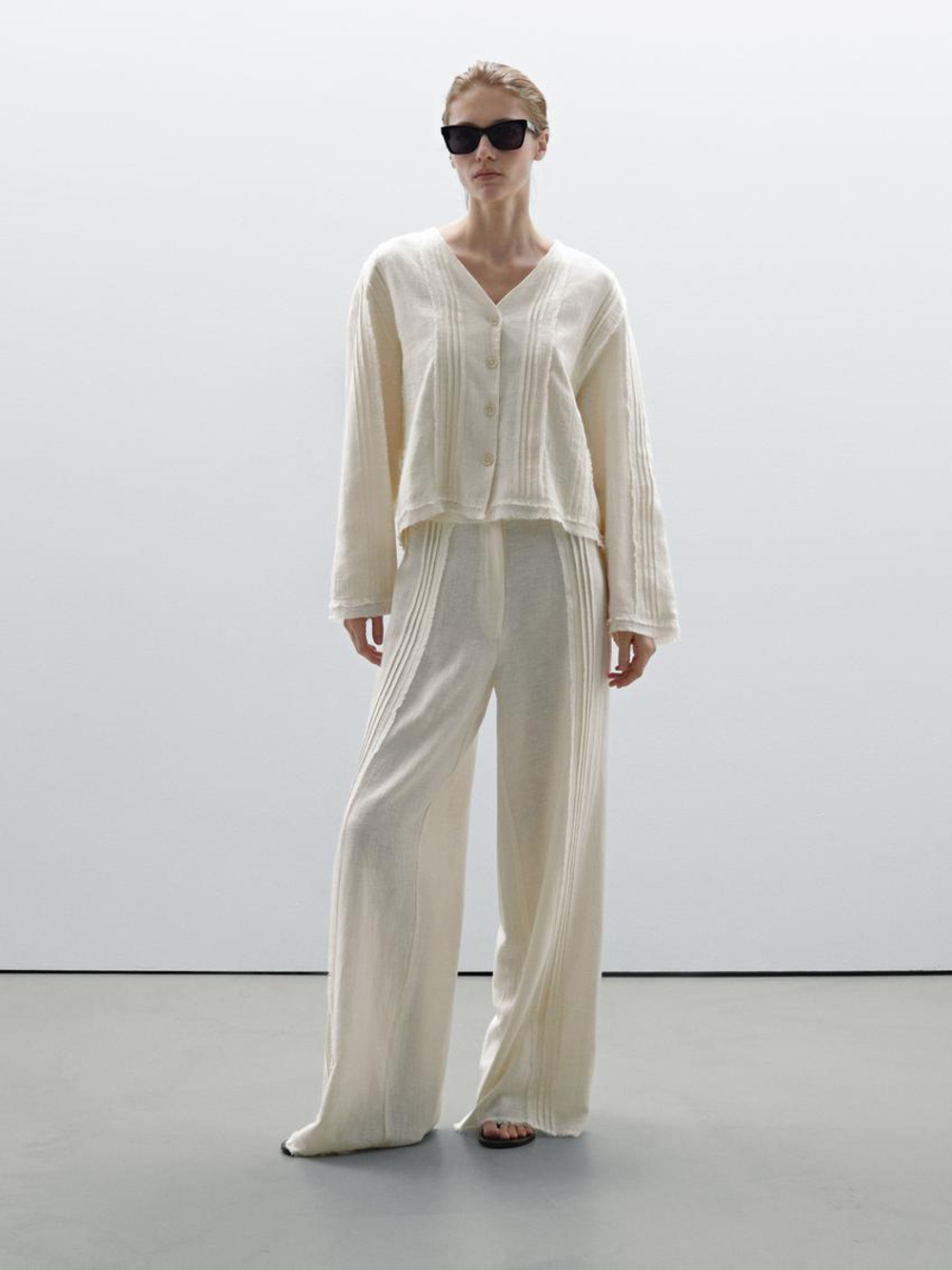 Massimo Dutti Рубашка из смесового хлопка с вышивкой, натуральный, кремовый