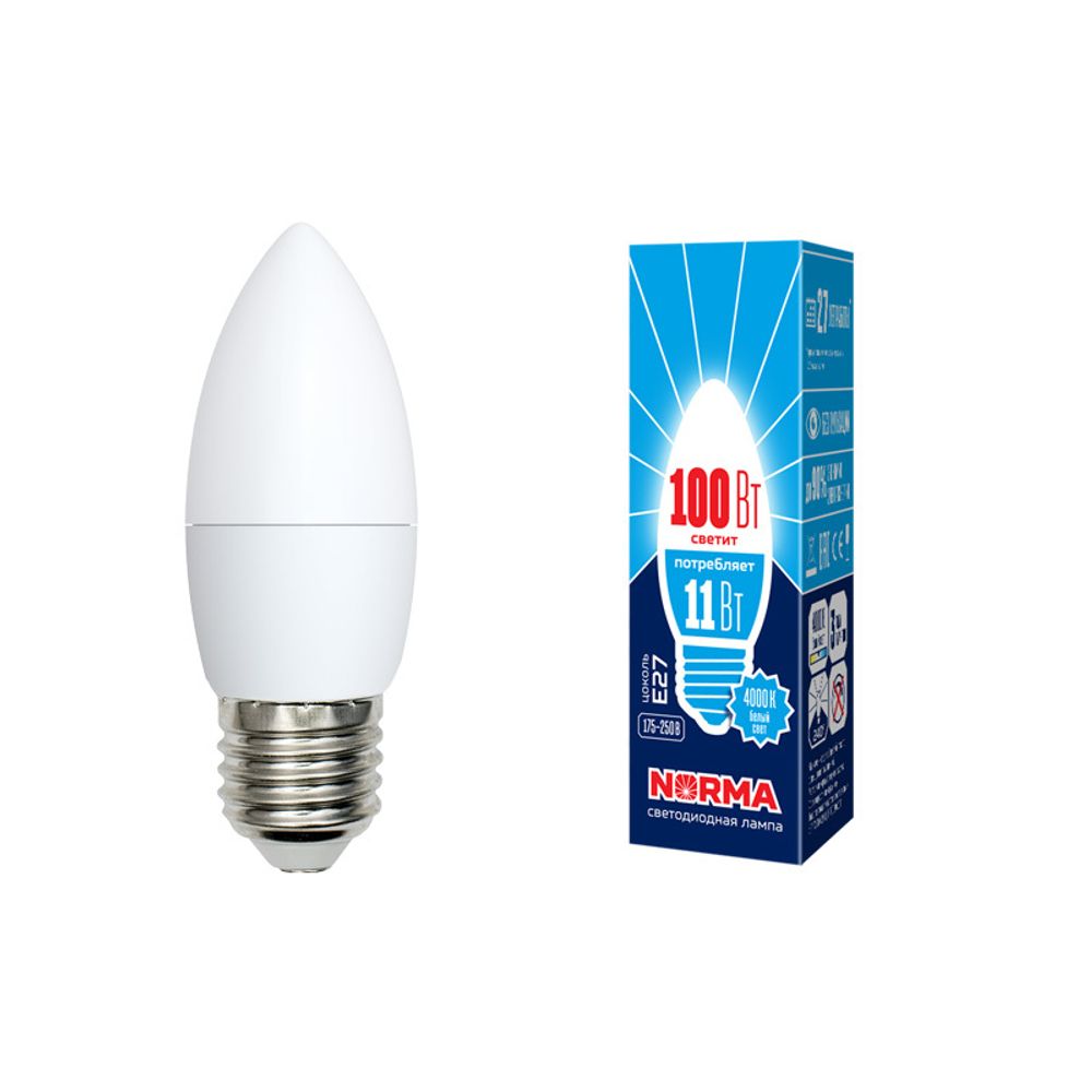 LED-C37-11W/NW/E27/FR/NR Лампа светодиодная. Форма свеча, матовая. Серия Norma. Белый свет (4000K). Картон. ТМ Volpe