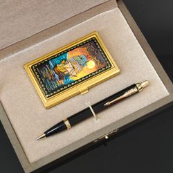 Набор подарочный "Парусник" визитница персональная с ручной росписью и ручка Parker