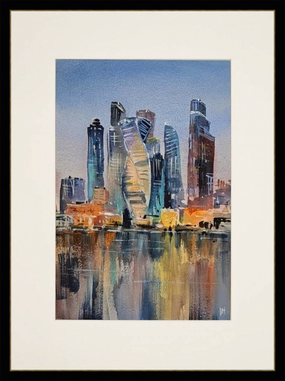 Картина авторская акварельная в паспарту 30х40 см на стену для интерьера "Сити. Москва"