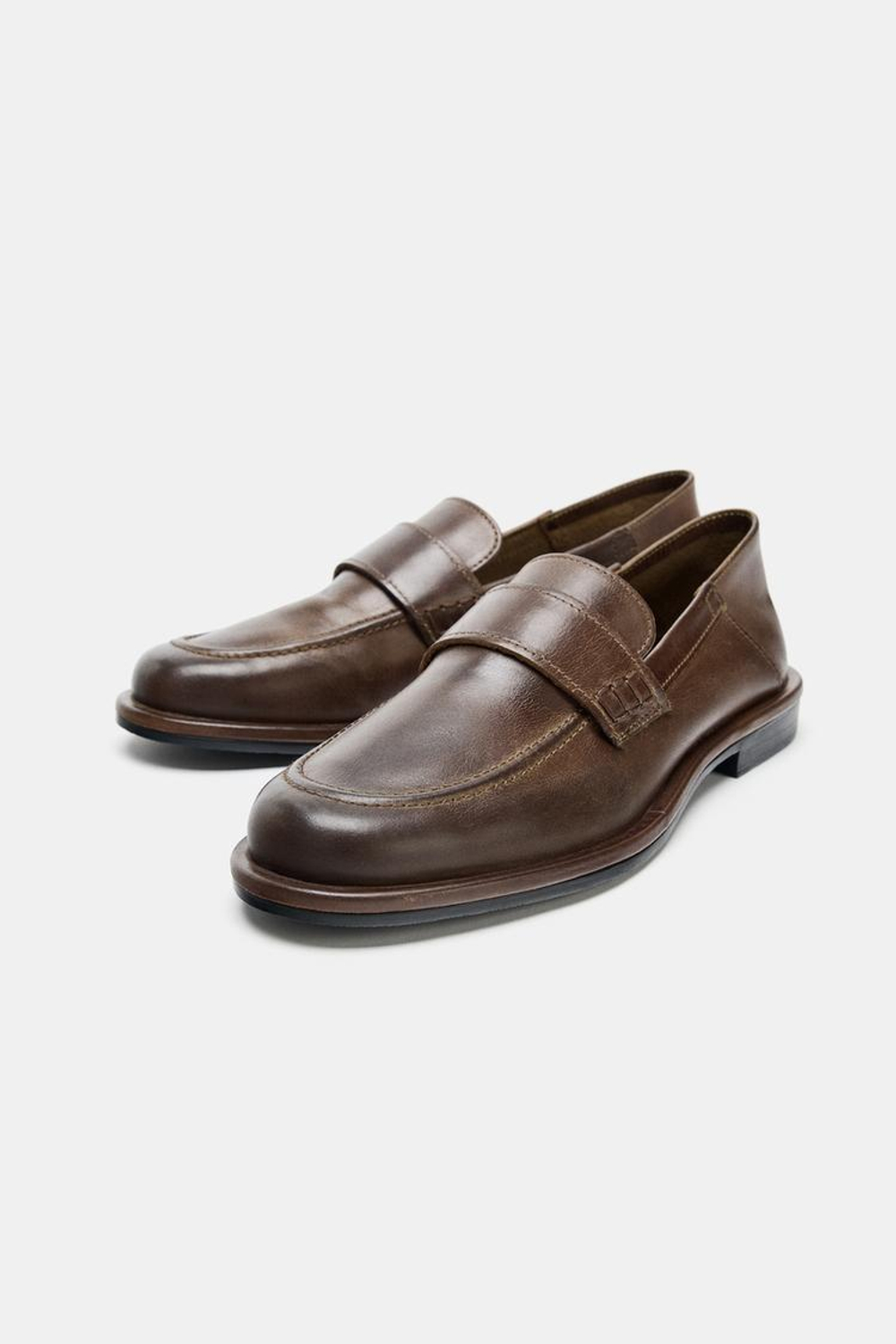 ZARA КОЖАНЫЕ ЛОФЕРЫ С ПЛАНКОЙ, КОРИЧНЕВЫЙ