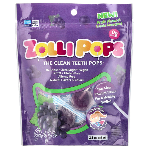 Zollipops, Леденцы для чистых зубов, виноград, 15 леденцов ZolliPops, 3,1 унции