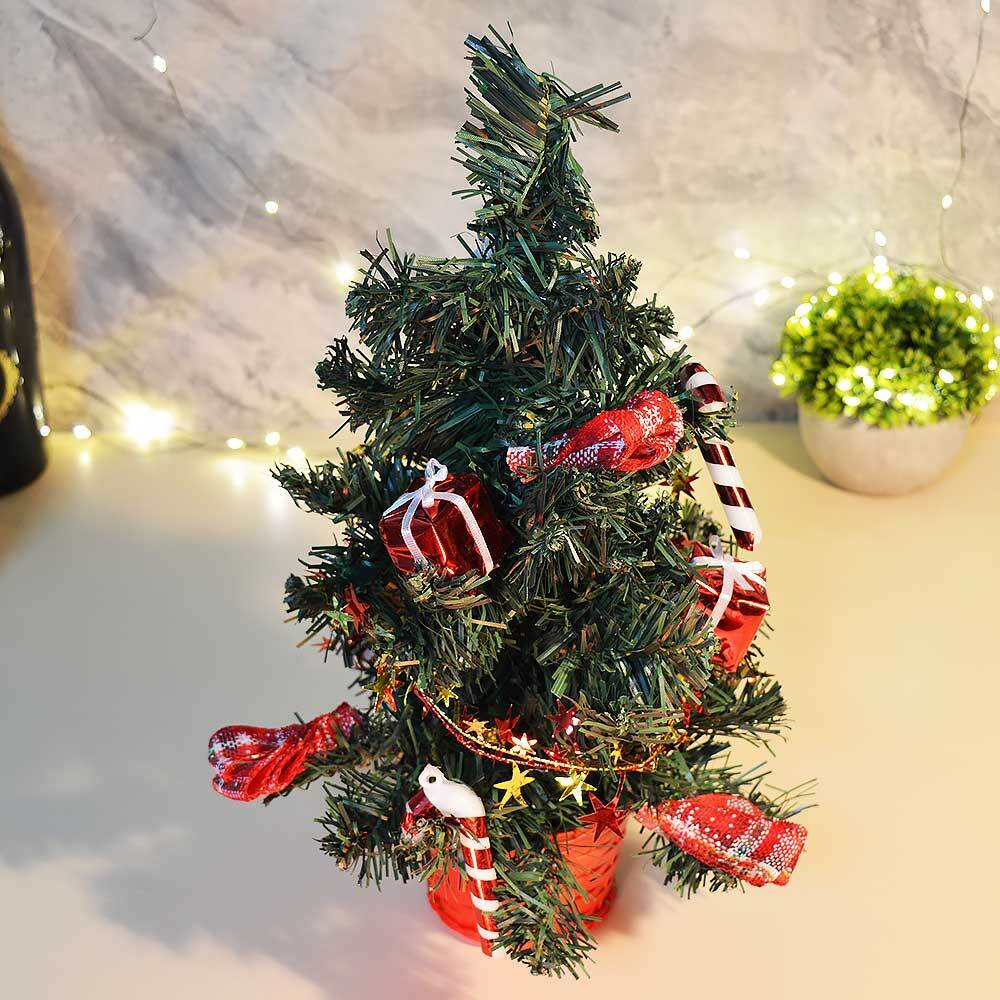 Елка настольная 40см в красной корзинке, с украшениями, МВ-19В1606М