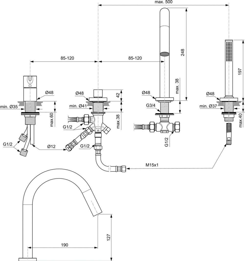 Набортный смеситель  Ideal Standard JOYдля ванны/душа под 4 отверстия, цвет - Magnetic Grey / Магнит