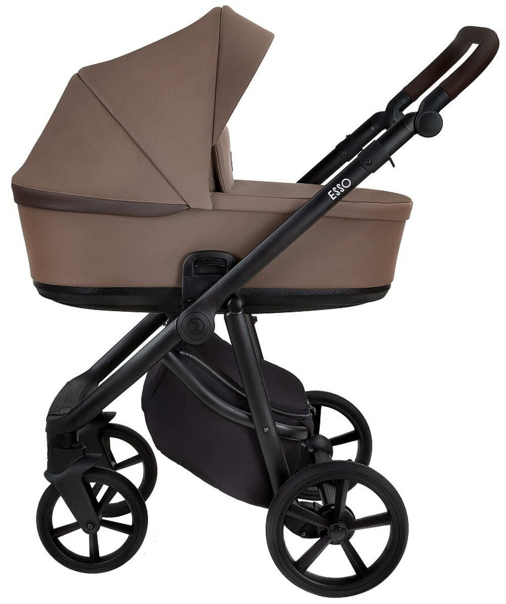 Детская коляска Roan Esso 2025 Кожа 2 в 1 ESSK/211/1 Camel/Black/руч.Тем.коричневый