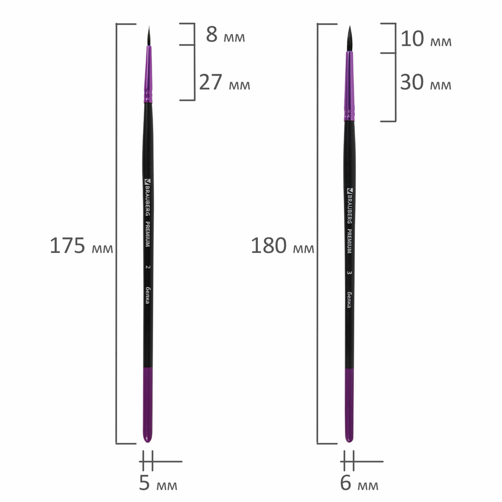 Кисти BRAUBERG PREMIUM, набор 3 шт. (беличьи круглые № 2, 3, 4), блистер, 201020