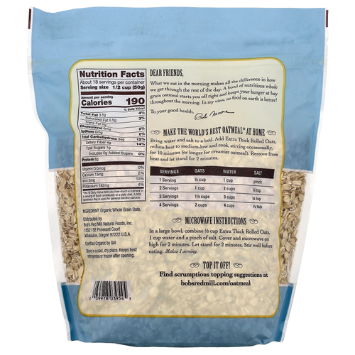 Bob's Red Mill, органические экстраплотные овсяные хлопья, цельнозерновые, 907 г (32 унции)