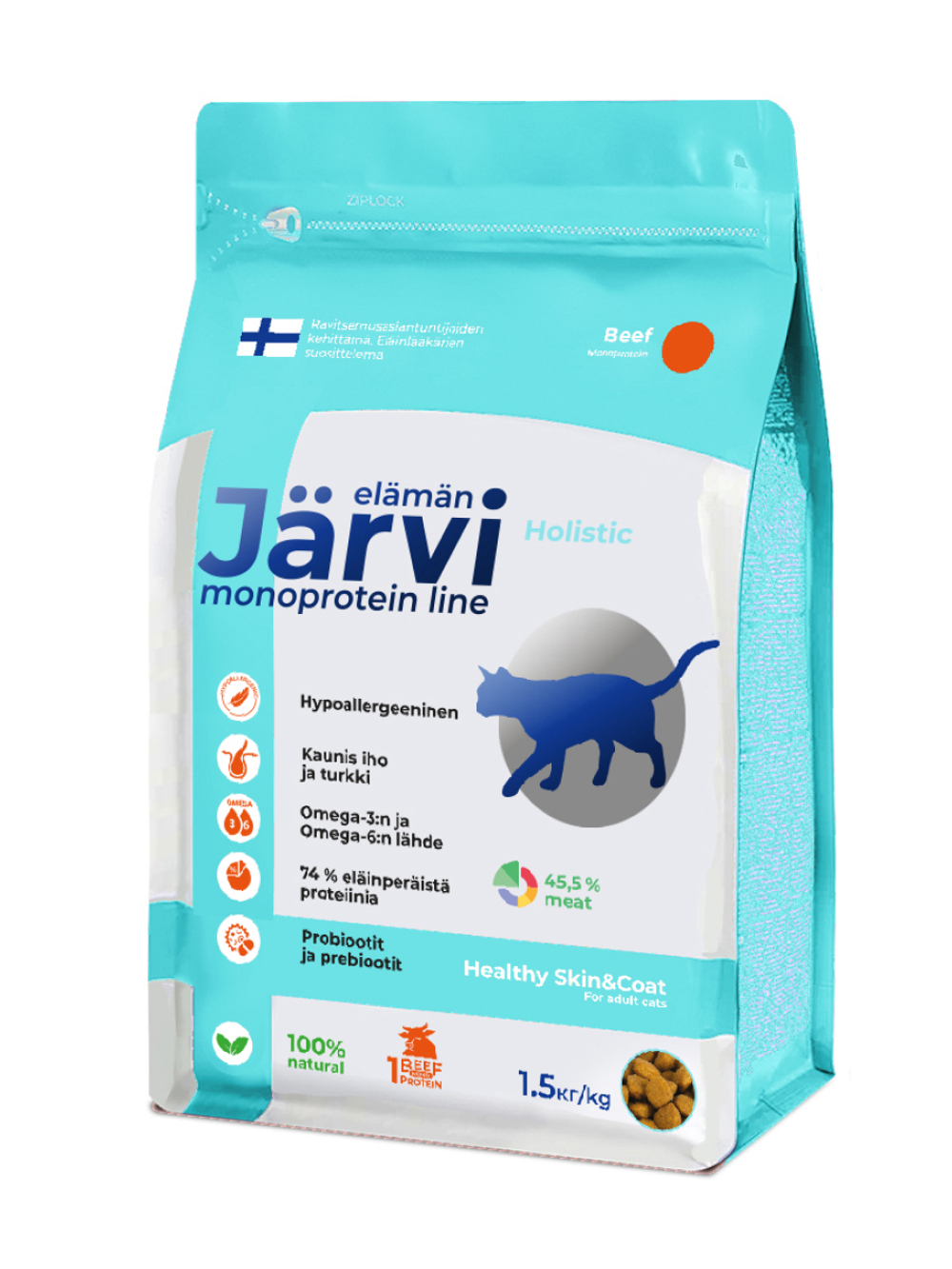 Jarvi сухой монопротеиновый полнорационный корм для кошек для здоровой кожи и красивой шерсти,говядина, 1,5кг.