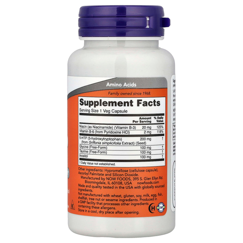 NOW Foods, 5-HTP с глицином, таурином и инозитолом, 60 растительных капсул
