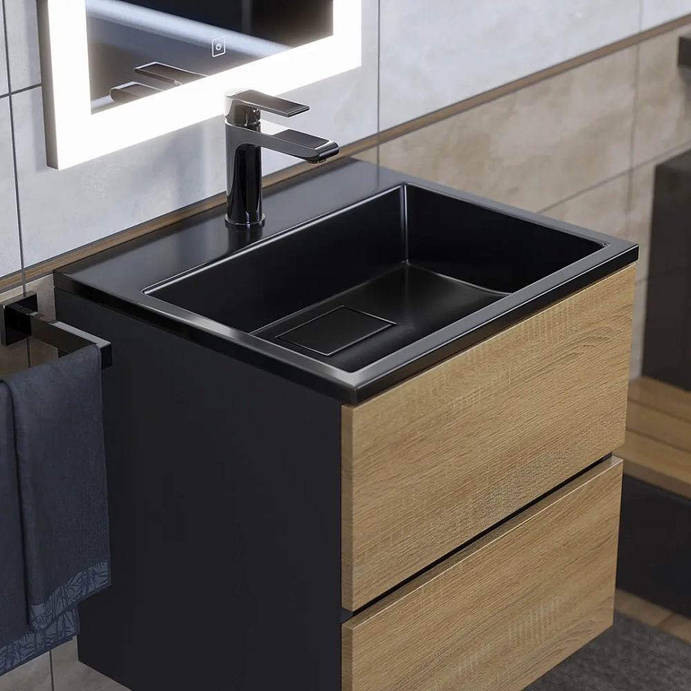 Тумба с раковиной Uperwood Barsa 50 см, раковина черная глянцевая, подвесная тумба черная/дуб сонома