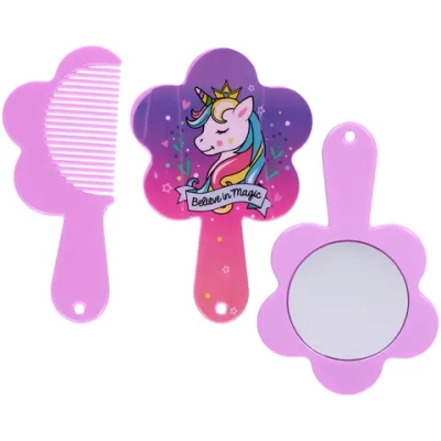 Расческа с зеркалом в наборе детские «МИМИШКИ», единорог, цвет розово-фиолетовый, 11см