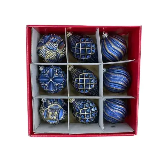 Набор пластиковых шаров Рандеву 80 мм., 9 шт., синий с золотом, Christmas DeLuxe (87800)