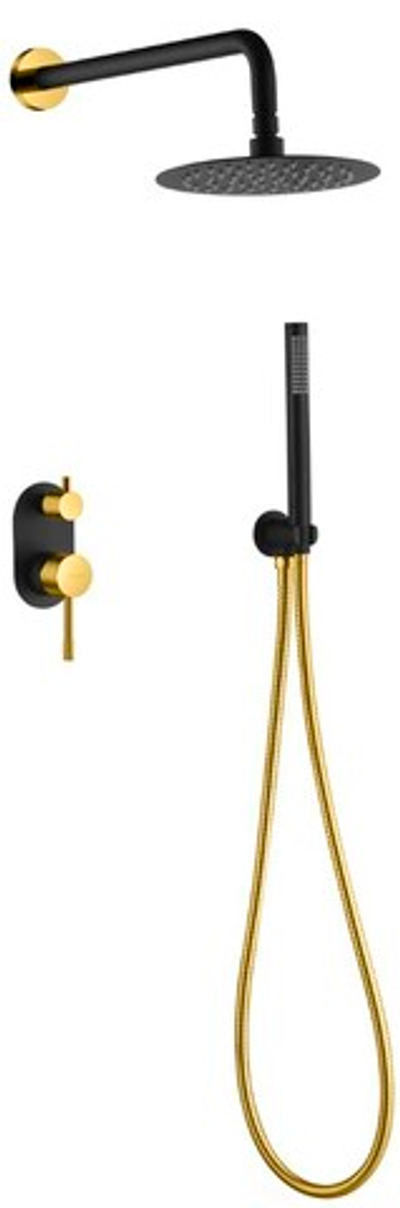 Смеситель встроенный + верхний+ ручной душ Uno. Черный Золото