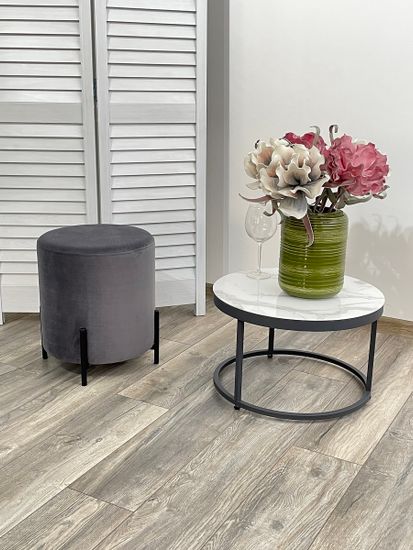 Пуф для гостиной ФЕЛИКС круглый серый #27, велюр / черный каркас