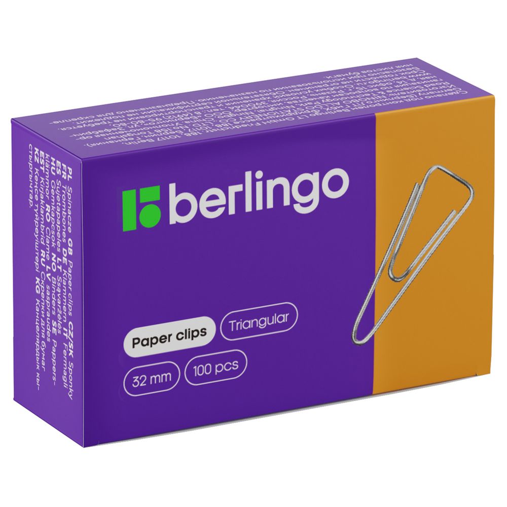 Скрепки канцелярские 32мм, 100шт, никелированные, треуг, с отогнутым носиком, Berlingo, картон. уп