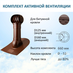 Комплект активной вентиляции: Вентиляционный выход изолированный D125/160 утепленный высота H=500 мм, проходной элемент для битумной кровли, турбодефлектор Ø 160 мм, коричневый