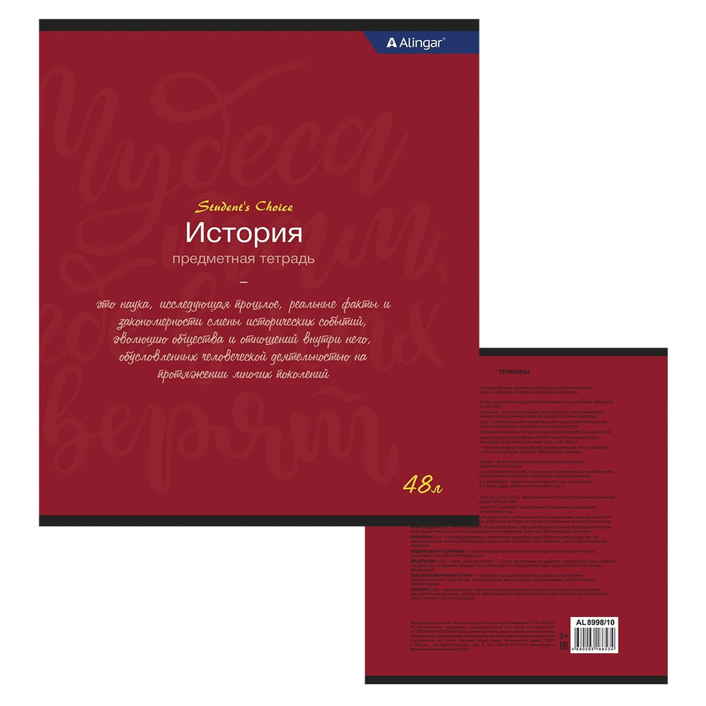 Комплект предметных тетрадей А5 48л., 10 предметов, со справочным материалом, скрепка, мелов. картон (стандарт), блок офсет,Alingar "Student`s choice"