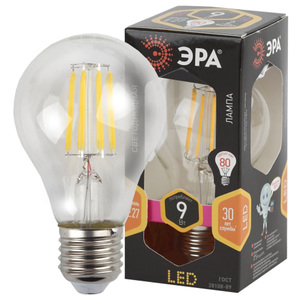 Лампа светодиодная ЭРА F-LED A60-9W-827-E27 9Вт филамент груша теплый белый свет E27 | Филаментные декоративные