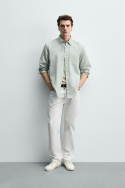 ZARА РУБАШКА REGULAR FIT ИЗ ЛЬНА И ХЛОПКА, ВОДЯНИСТО-ЗЕЛЕНЫЙ