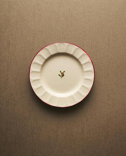 ZARA HOME НОВОГОДНЯЯ ТАРЕЛКА ДЛЯ ХЛЕБА ИЗ КЕРАМИКИ С ВОЛНИСТЫМ УЗОРОМ, БЕЛЫЙ/КРАСНЫЙ