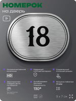 Номерок на дверь квартиры 18, для кабинета, офиса, шильдик 9 х 7 см, серебристый, Айдентика Технолоджи