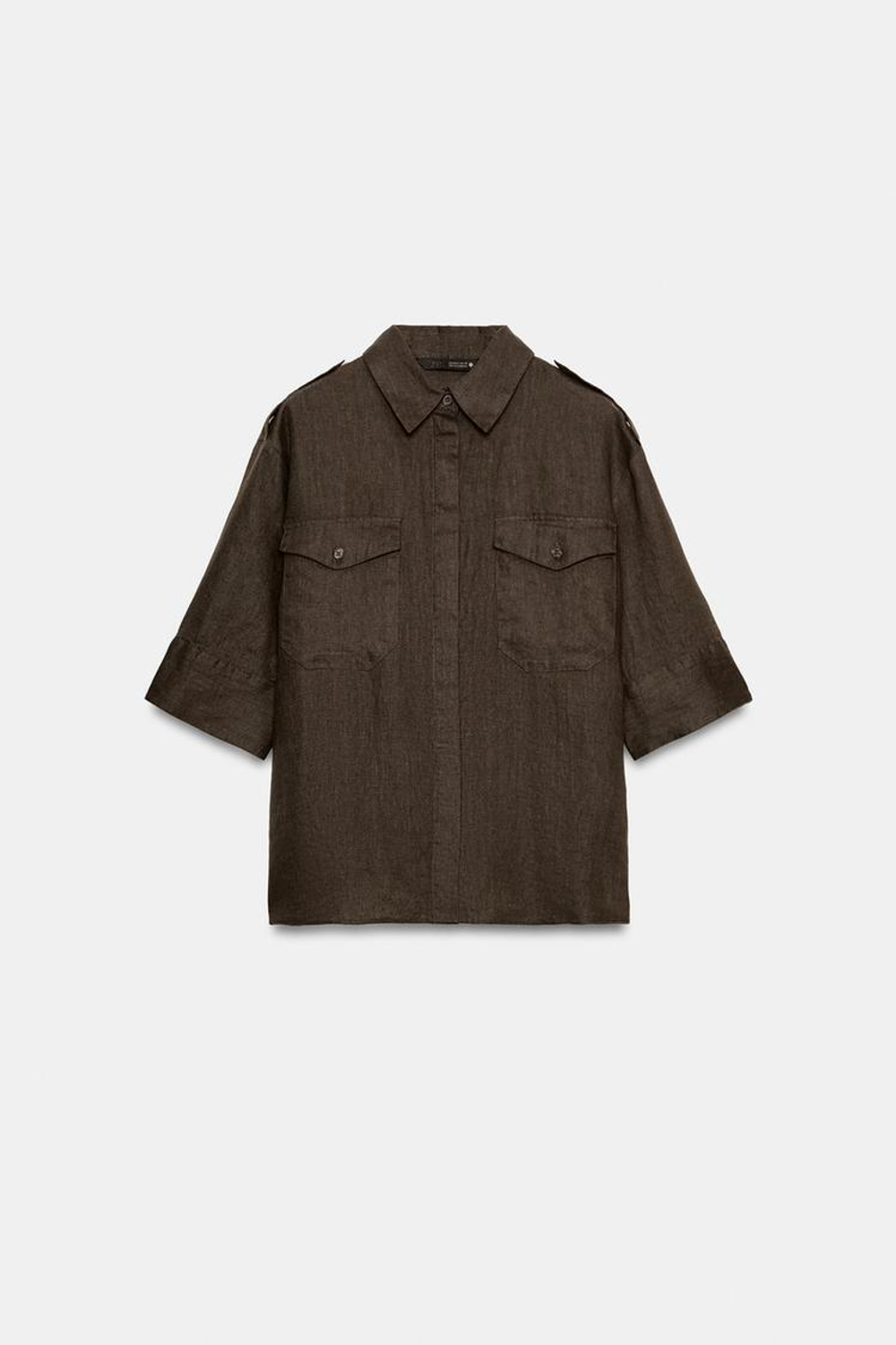 ZARA РУБАШКА ИЗ ЛЬНА С КАРМАНАМИ — ZW COLLECTION, СЕРО-КОРИЧНЕВЫЙ