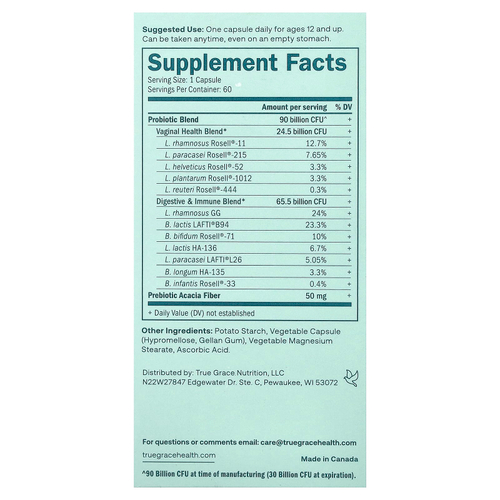 True Grace, One Daily Women's Probiotic, 90 Billion, 60 Vegetarian Capsules
