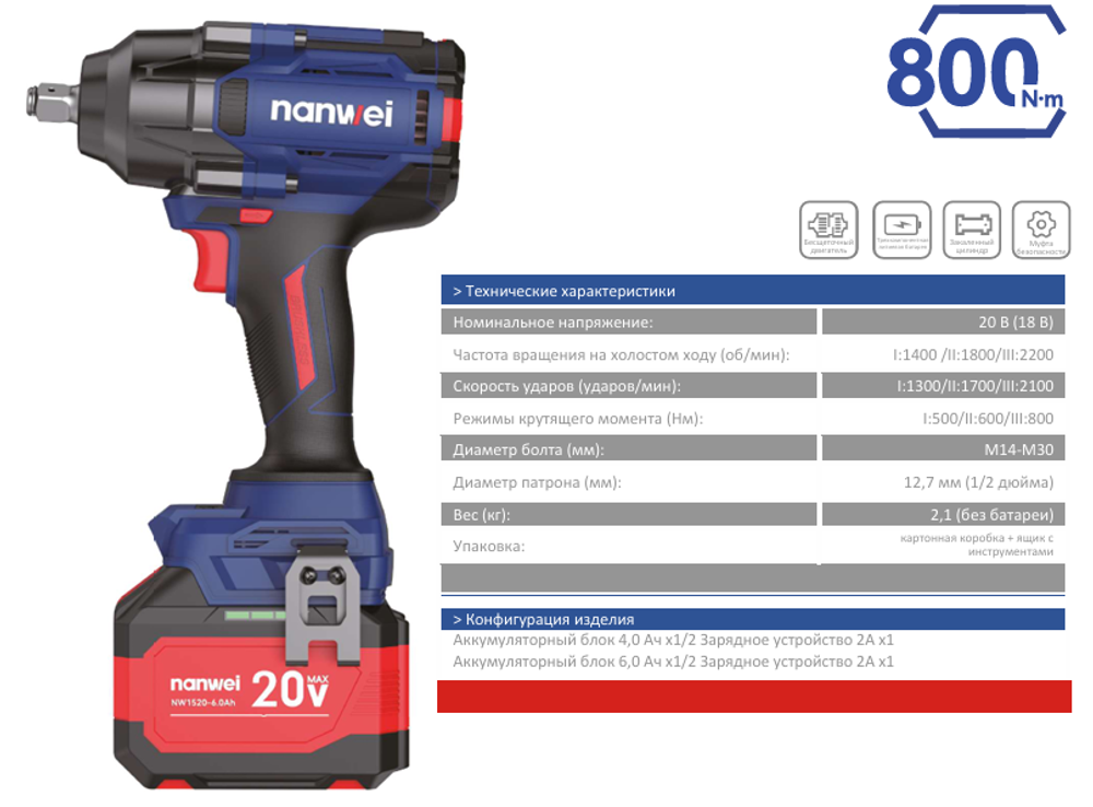 Аккумуляторный ударный гайковерт Nanwei с бесщеточным двигателем 20 В NW-W8800