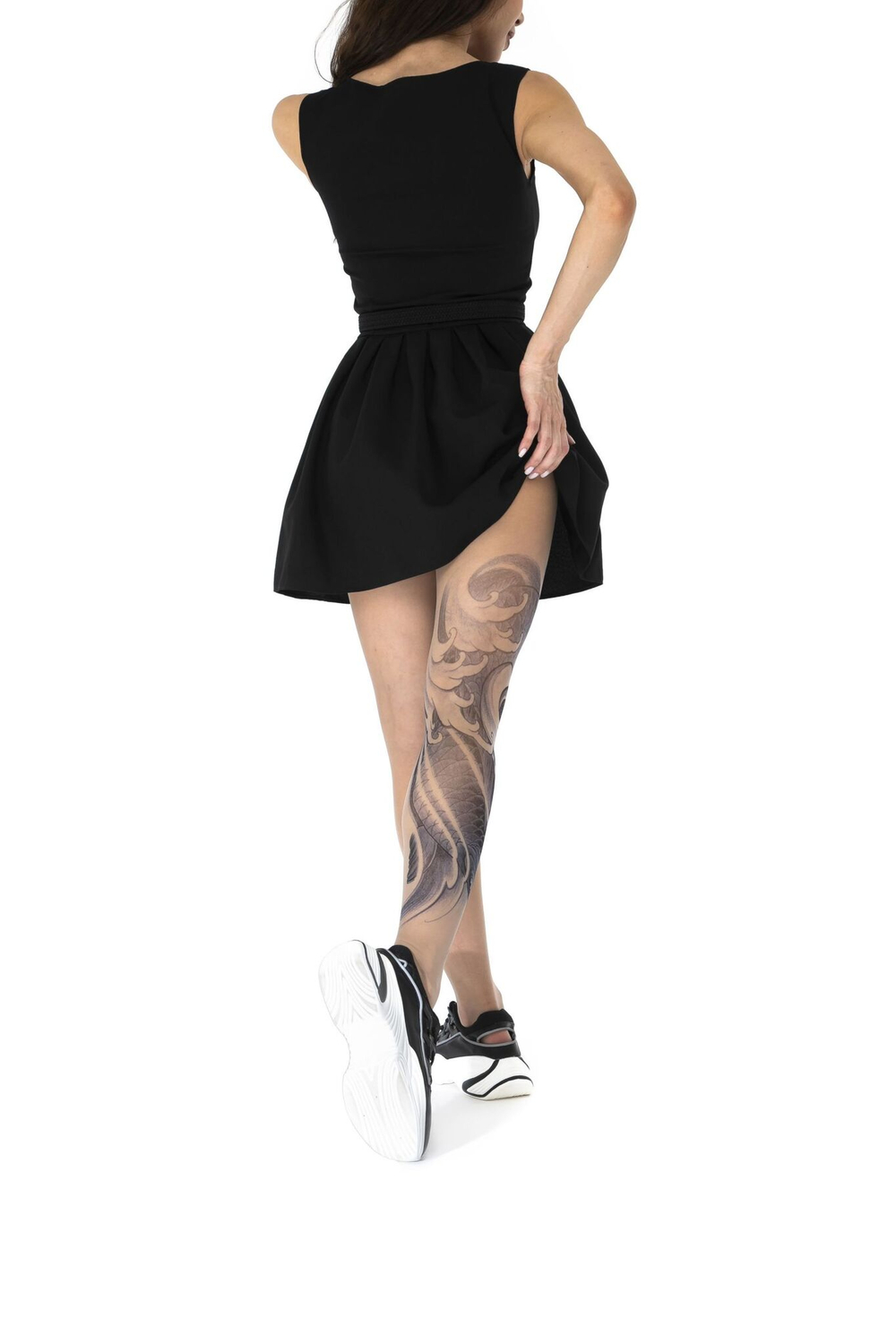 Колготки с принтом в виде черного карпа кои на правой ножке (Размер: S-M-L) (Цвет: бежевый)